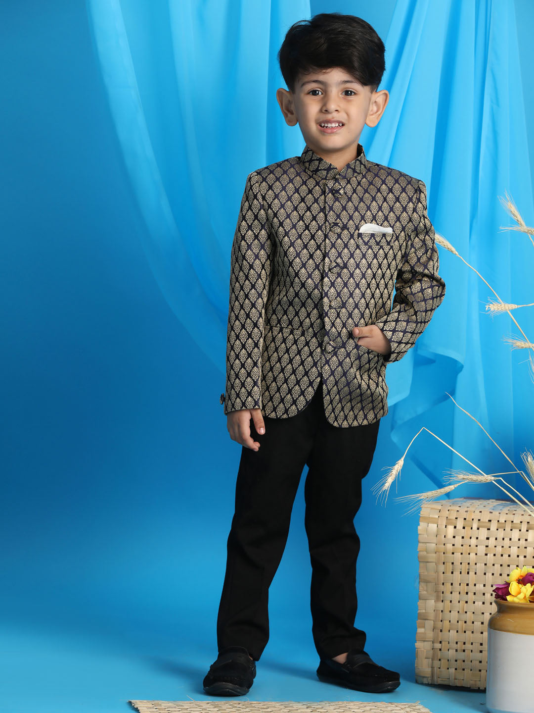 Boy's Navy Blue Woven Silk Blend Jodhpuri