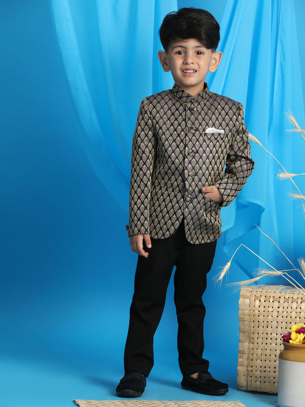 Boy's Navy Blue Woven Silk Blend Jodhpuri
