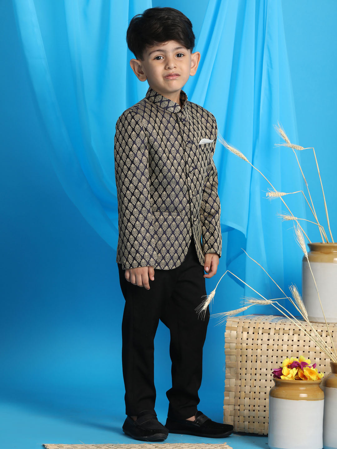 Boy's Navy Blue Woven Silk Blend Jodhpuri