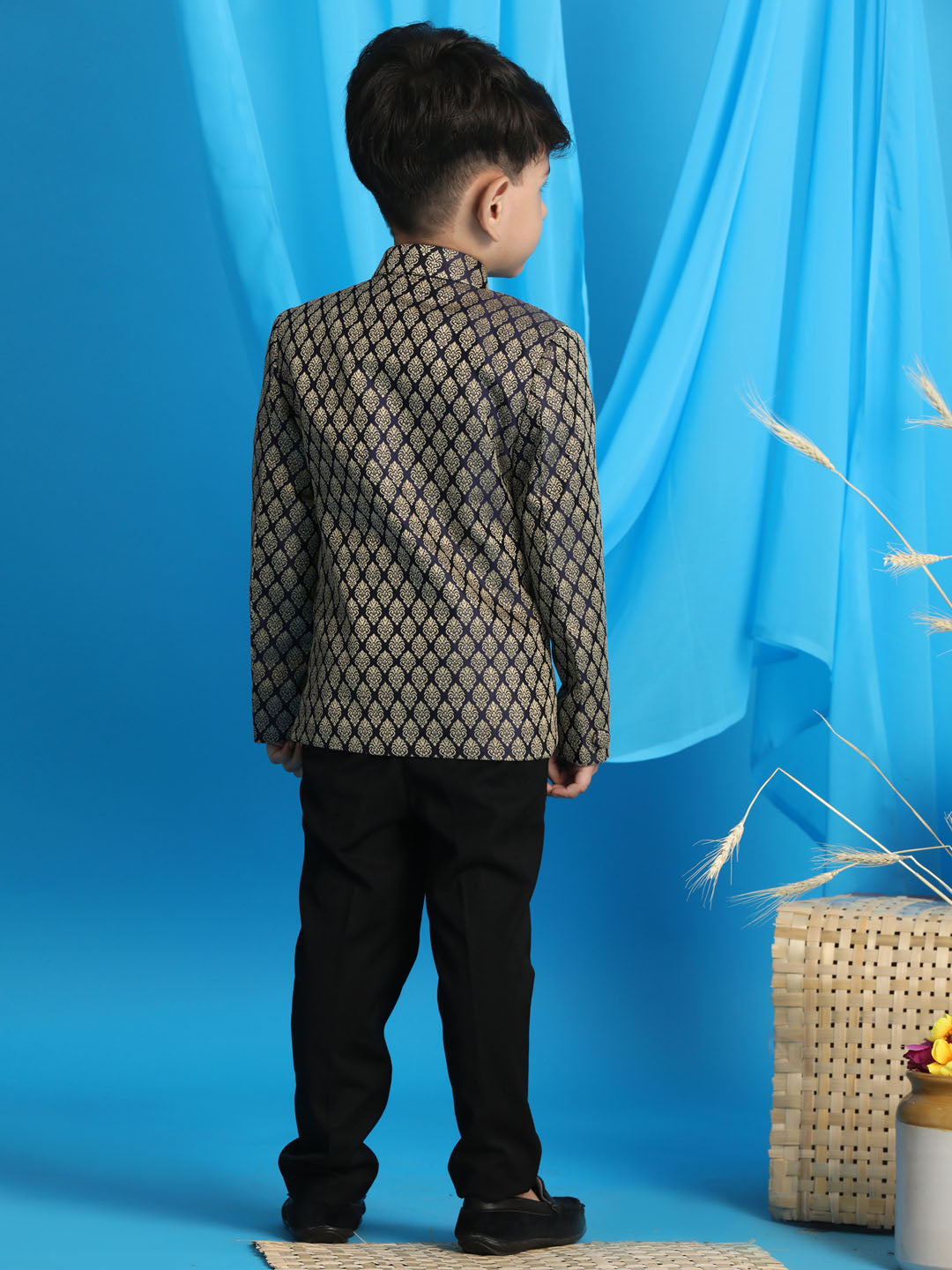 Boy's Navy Blue Woven Silk Blend Jodhpuri