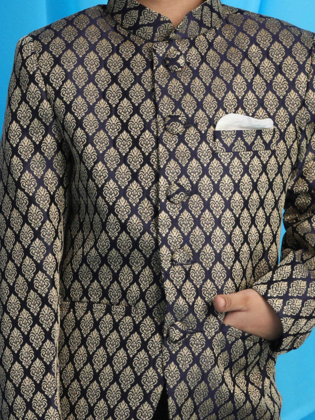 Boy's Navy Blue Woven Silk Blend Jodhpuri