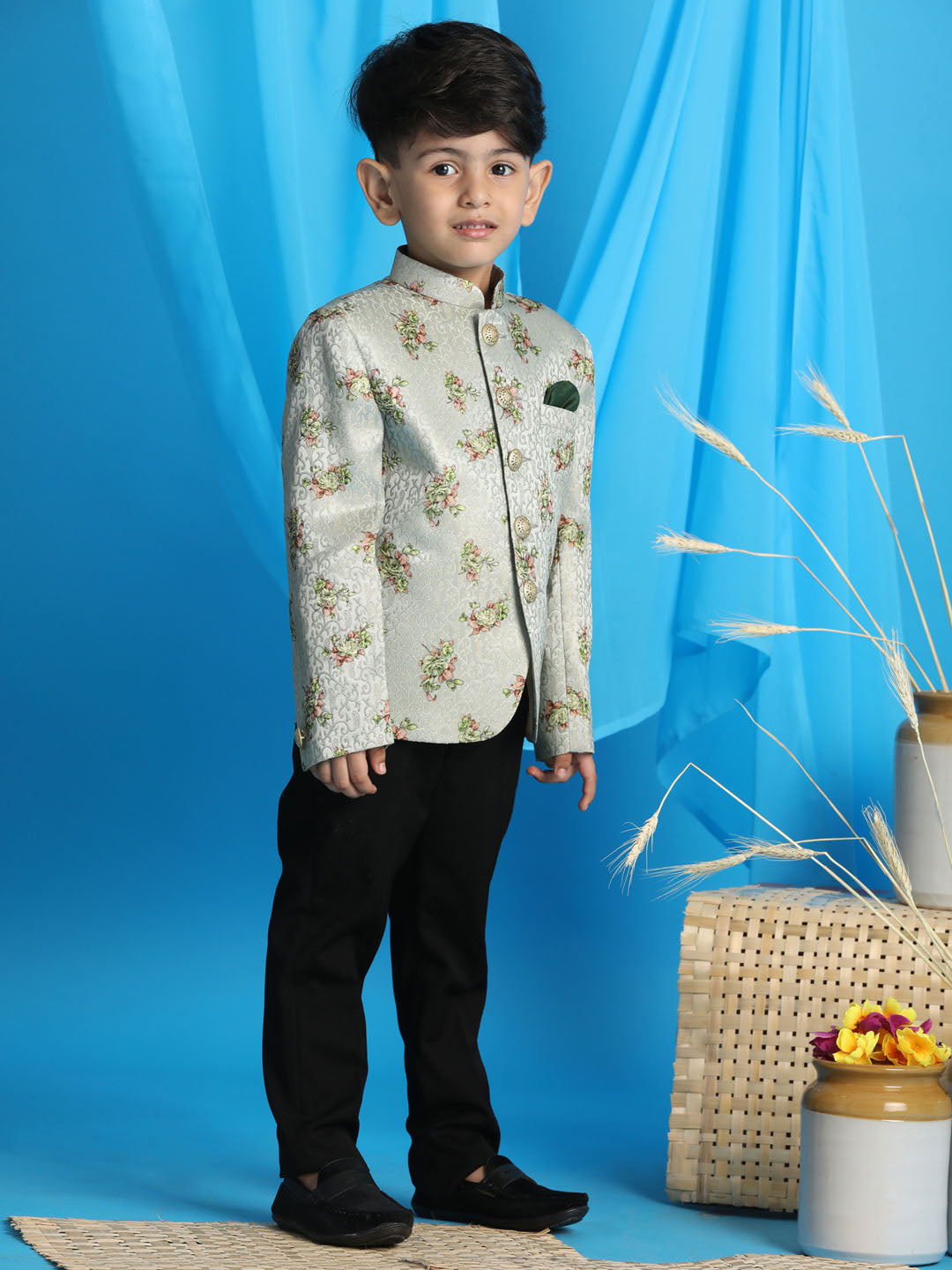 Boy's Light Green Woven Design Jodhpuri
