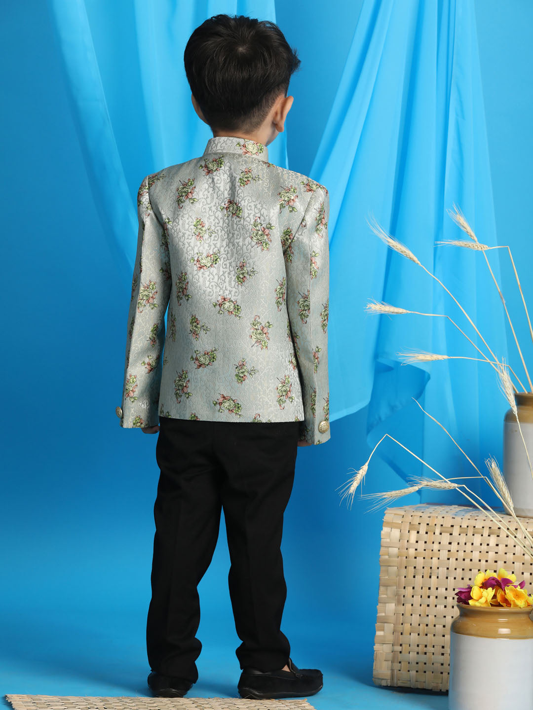 Boy's Light Green Woven Design Jodhpuri