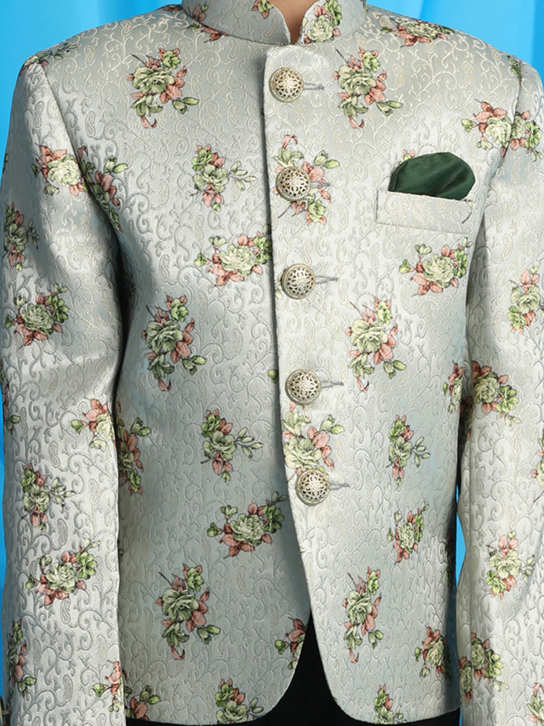 Boy's Light Green Woven Design Jodhpuri