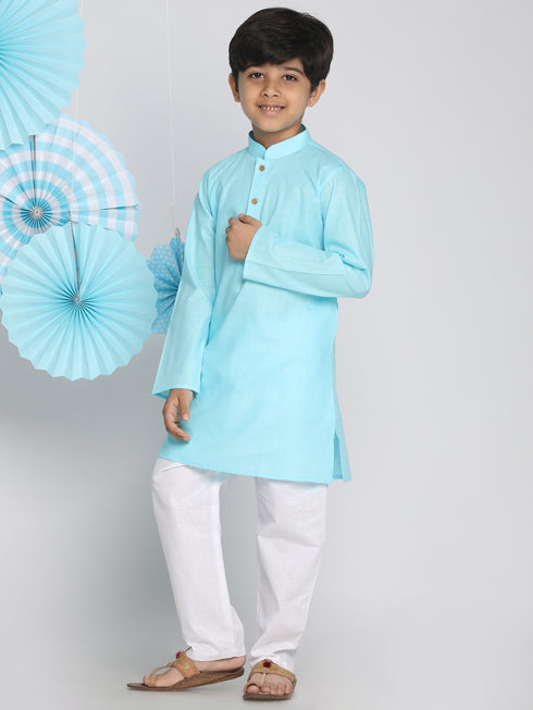Boys Aqua And White Kurta Pyjama Set