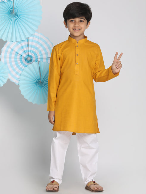 Boys Mustard And White Kurta Pyjama Set