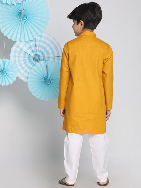 Boys Mustard And White Kurta Pyjama Set
