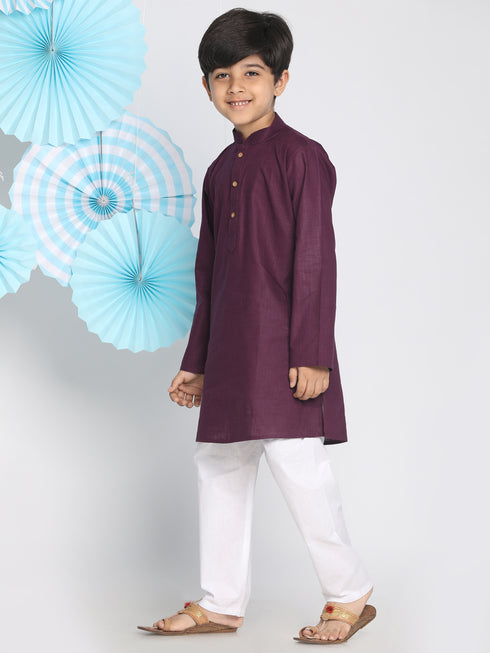Boys Purple And White Kurta Pyjama Set