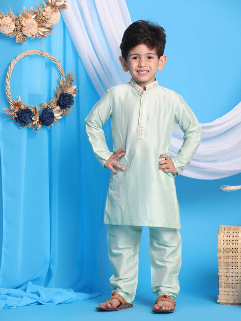 Boy's' Mint Green Viscose Kurta And Pyjama Set