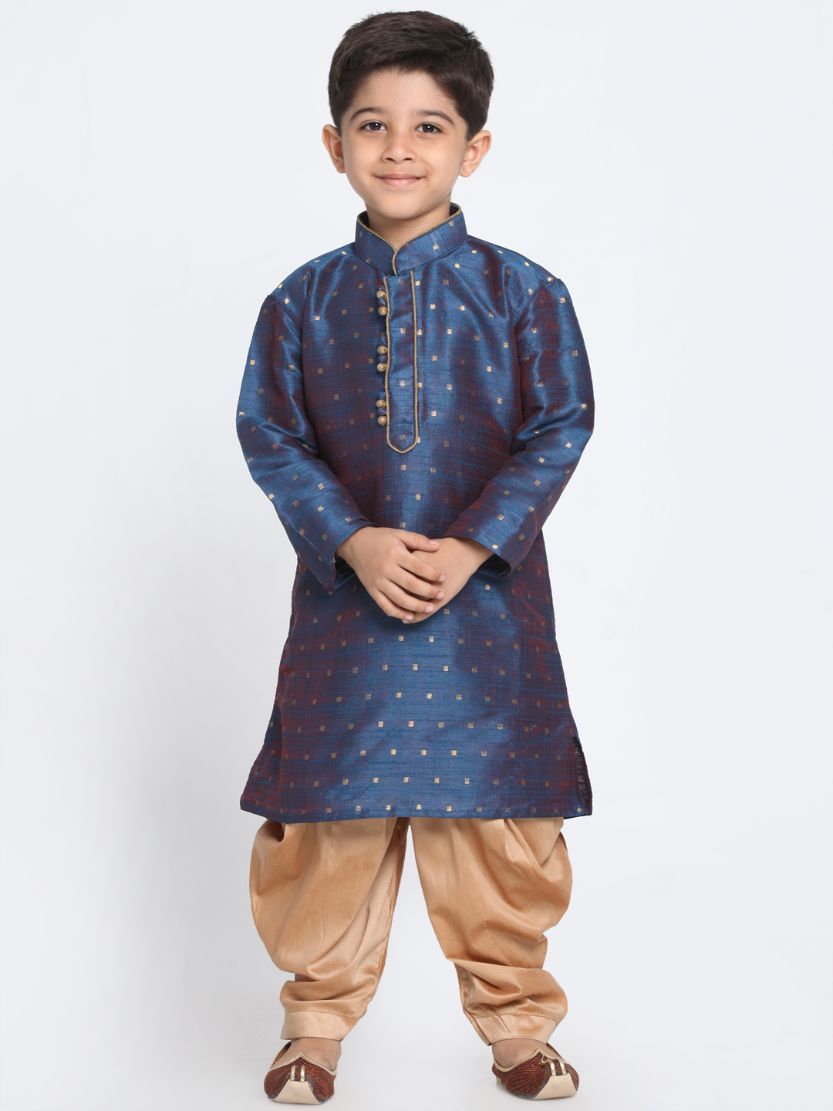 Boys' Deep Blue Cotton Silk Blend Kurta and Dhoti Pant Set