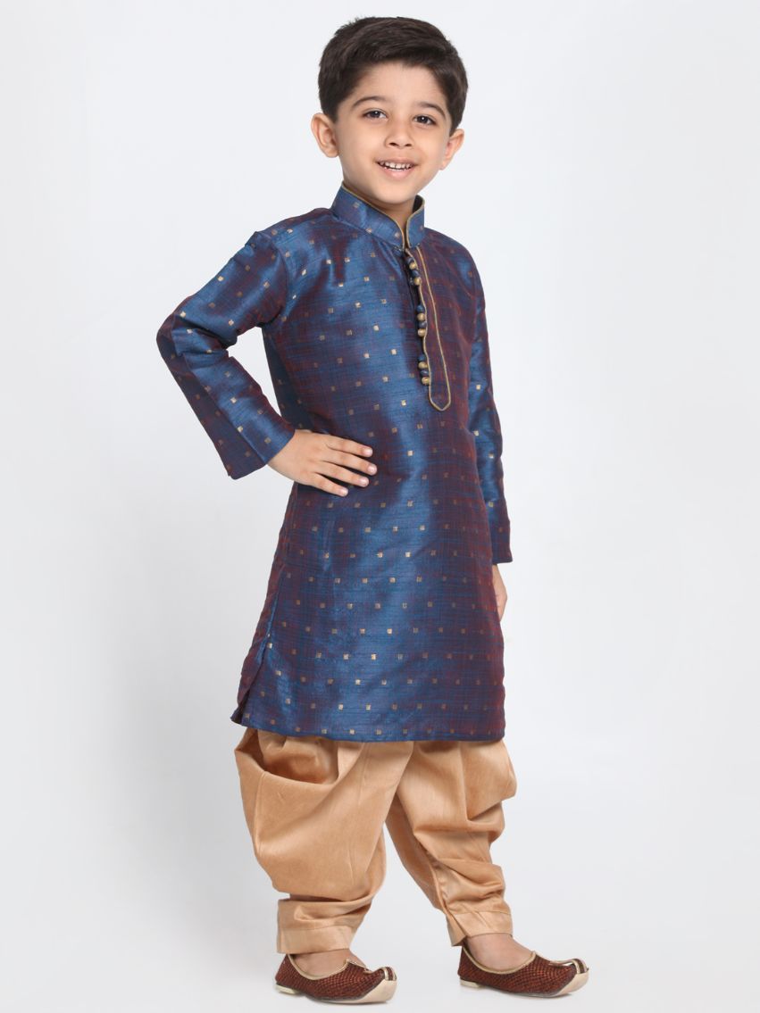 Boys' Deep Blue Cotton Silk Blend Kurta and Dhoti Pant Set