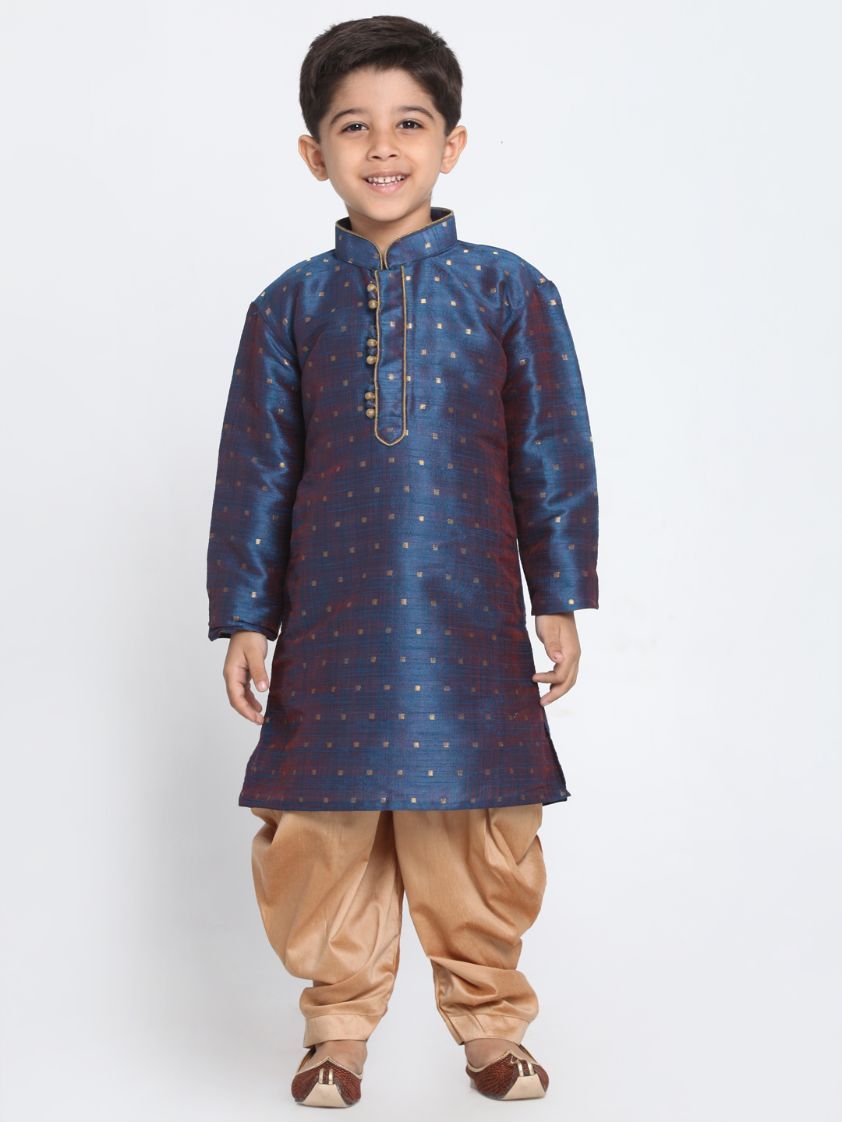 Boys' Deep Blue Cotton Silk Blend Kurta and Dhoti Pant Set