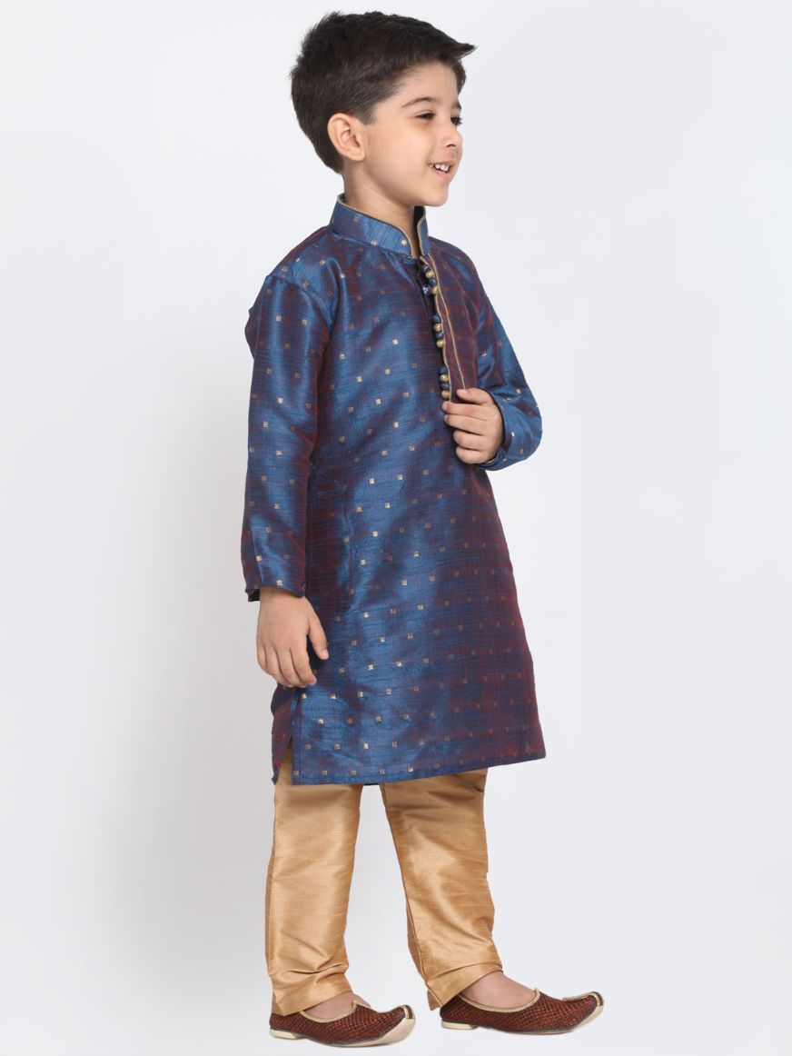 Boys' Deep Blue Cotton Silk Blend Kurta and Pyjama Set