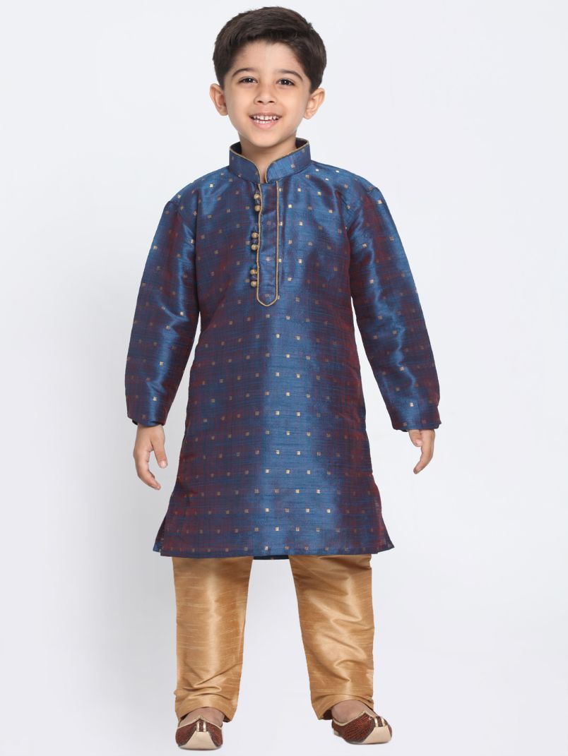 Boys' Deep Blue Cotton Silk Blend Kurta and Pyjama Set