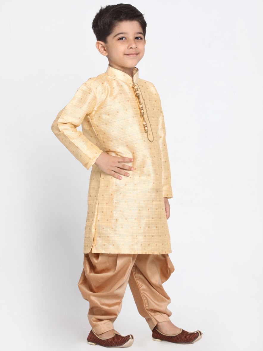 Boys' Gold Cotton Silk Blend Kurta and Dhoti Pant Set