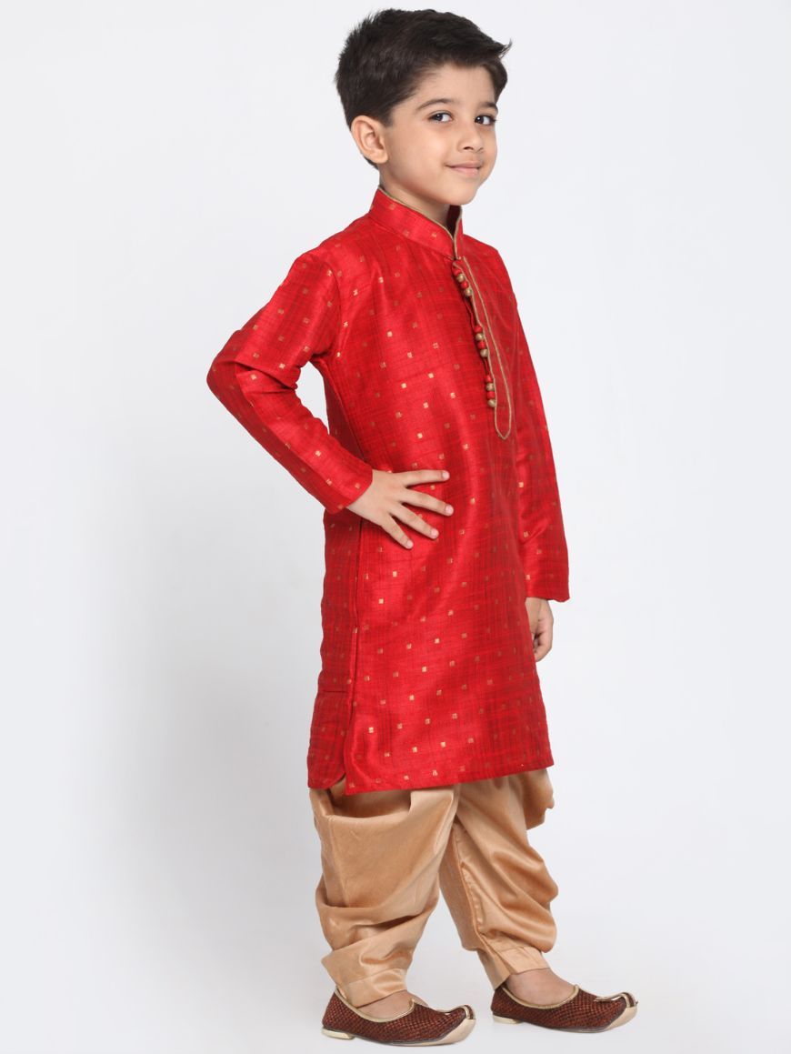 Boys' Maroon Cotton Silk Blend Kurta and Dhoti Pant Set