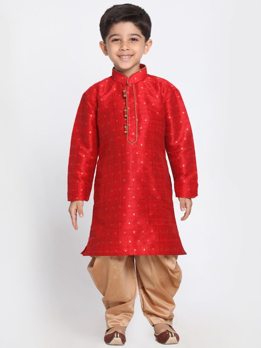 Boys' Maroon Cotton Silk Blend Kurta and Dhoti Pant Set