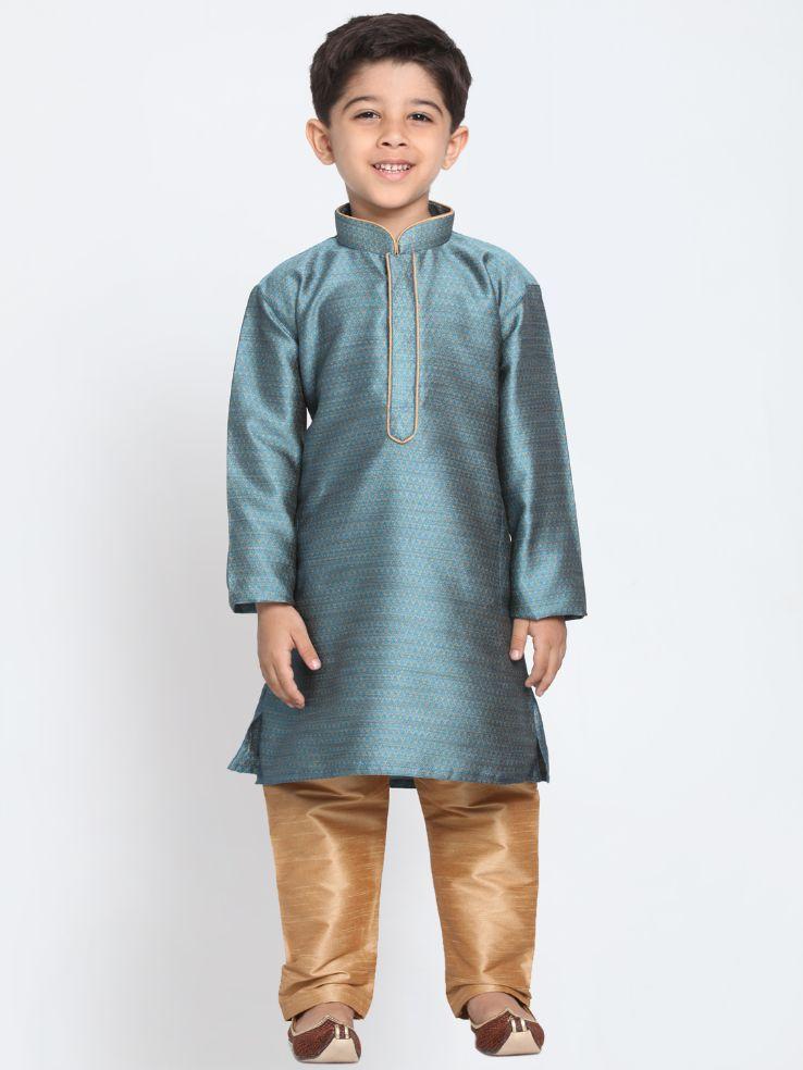 Boys' Blue Cotton Silk Blend Kurta and Pyjama Set
