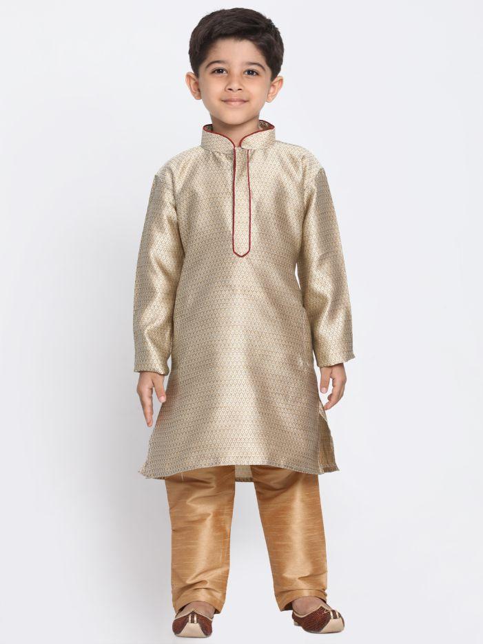 Boys' Beige Cotton Silk Blend Kurta and Pyjama Set