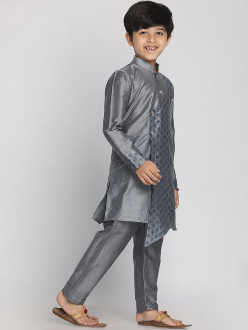 Boy's Grey Layered Asymmetric Kurta With Pyjama