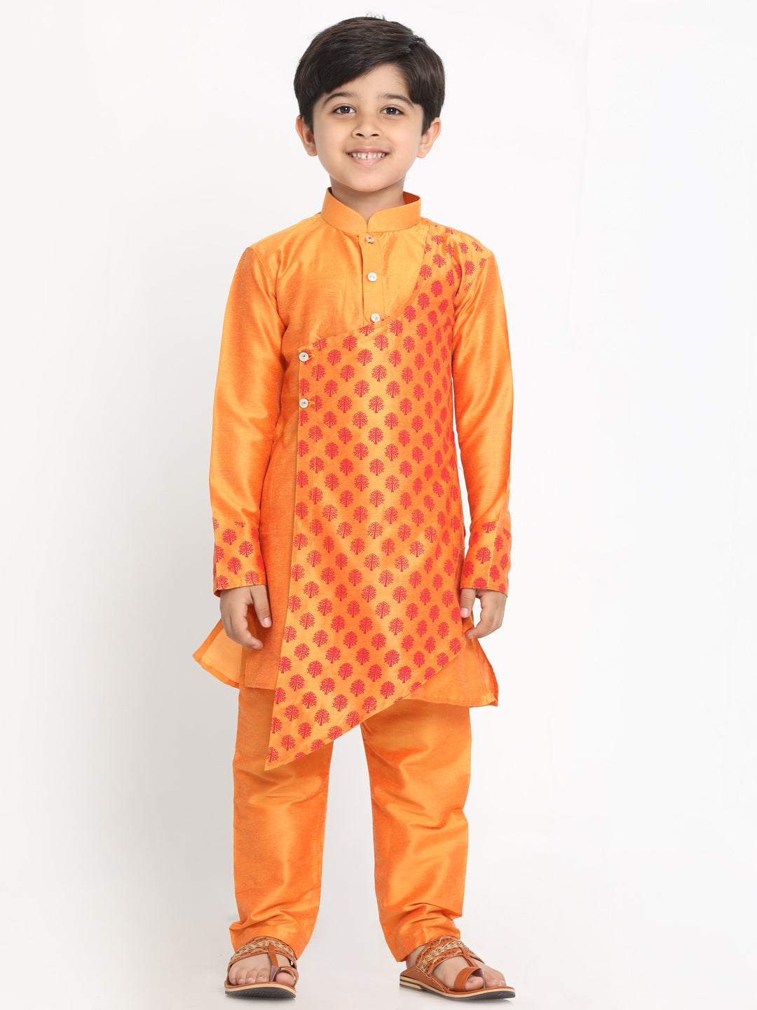 Boy's Orange Ethnic Motifs Angrakha Kurta With Pyjamas