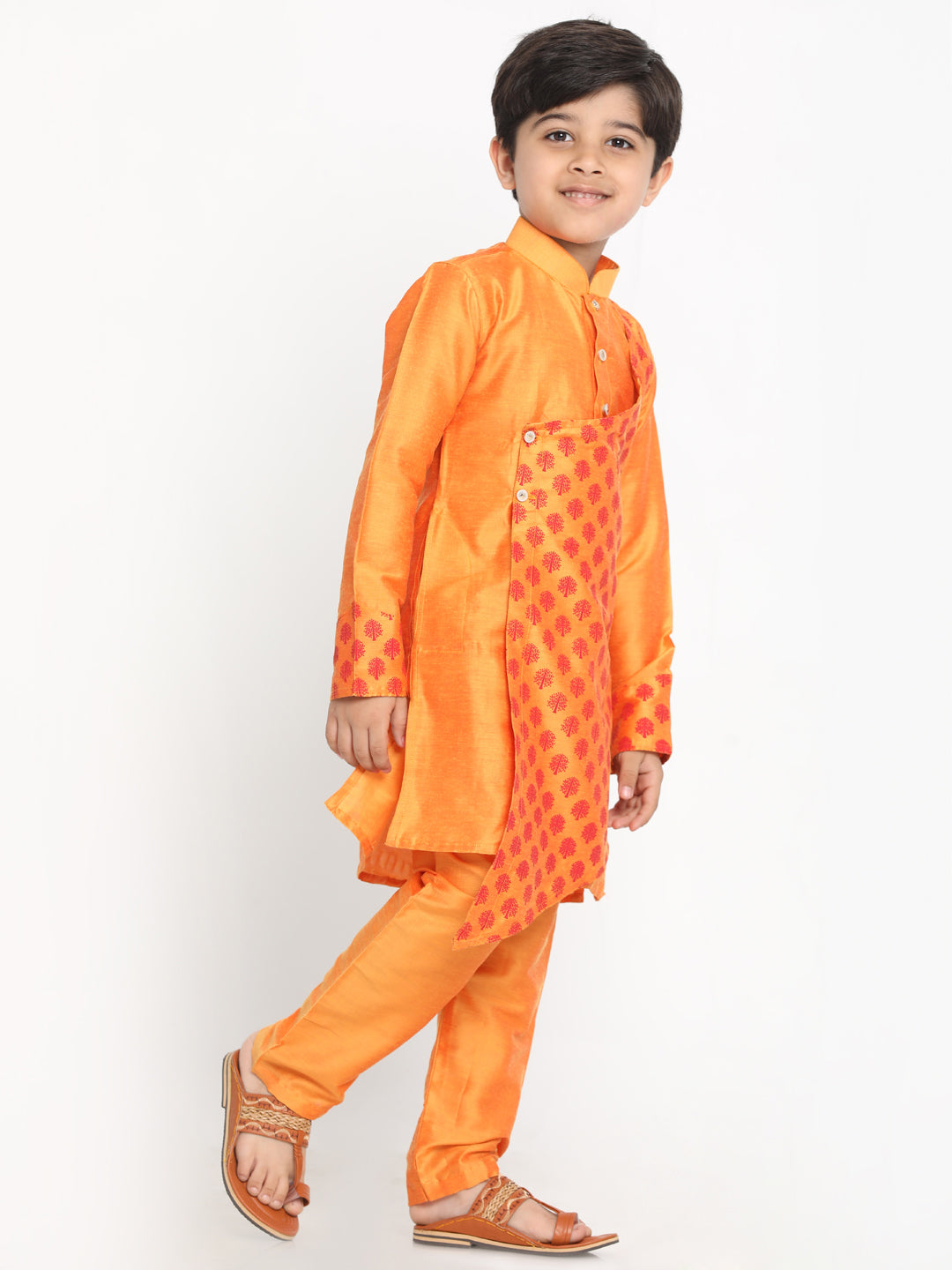 Boy's Orange Ethnic Motifs Angrakha Kurta With Pyjamas