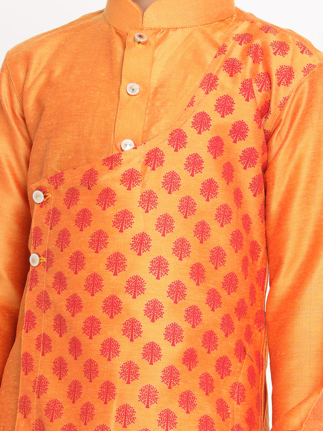 Boy's Orange Ethnic Motifs Angrakha Kurta With Pyjamas