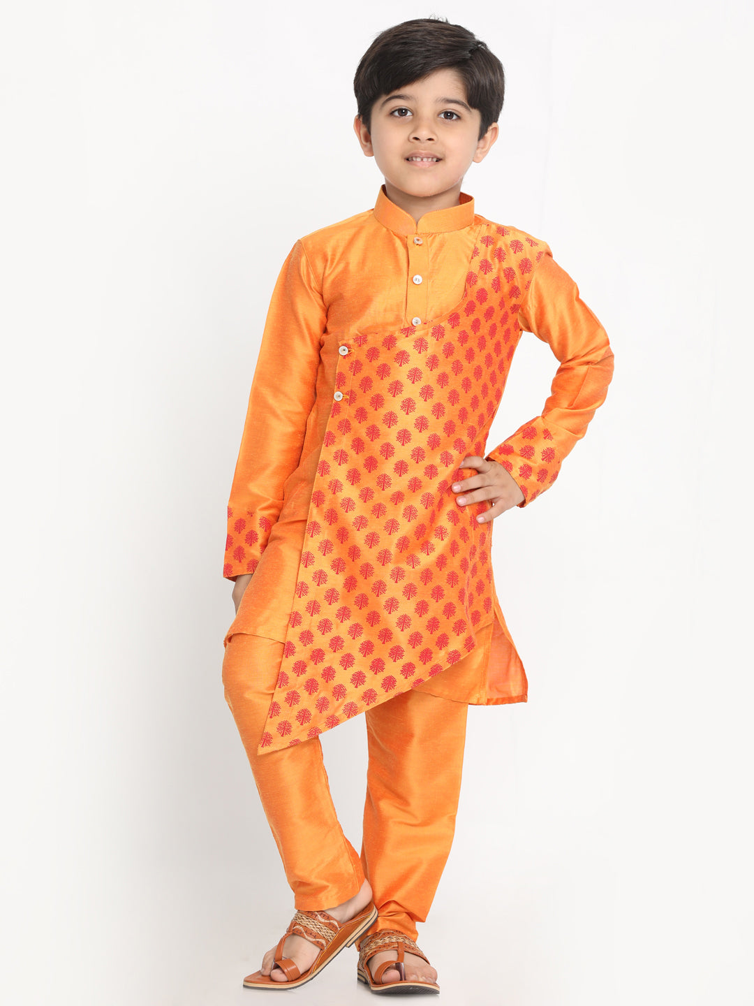 Boy's Orange Ethnic Motifs Angrakha Kurta With Pyjamas