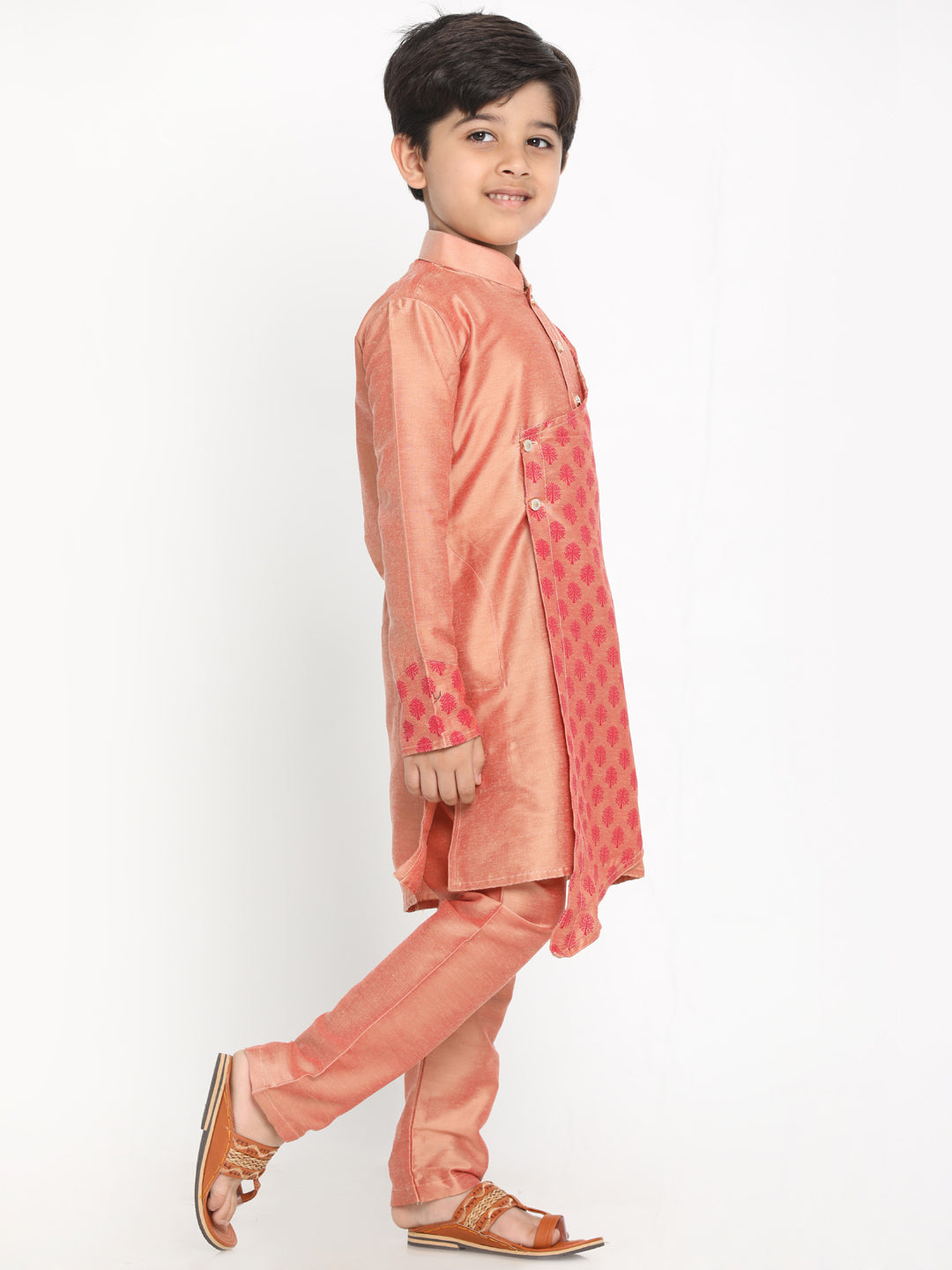 Boy's Pink Printed Angrakha Kurta With Pyjamas
