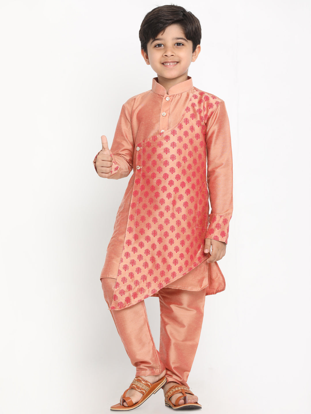 Boy's Pink Printed Angrakha Kurta With Pyjamas