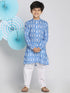 Boy's Traditional Ikkat Print Flat Collar Kurta And Pyjama Set