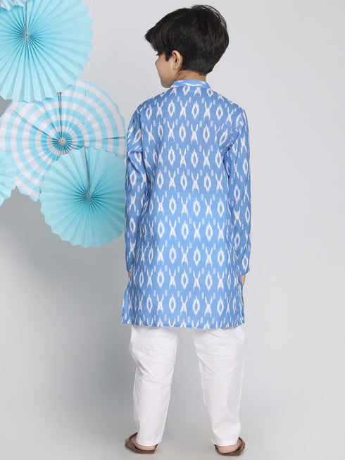 Boy's Traditional Ikkat Print Flat Collar Kurta And Pyjama Set