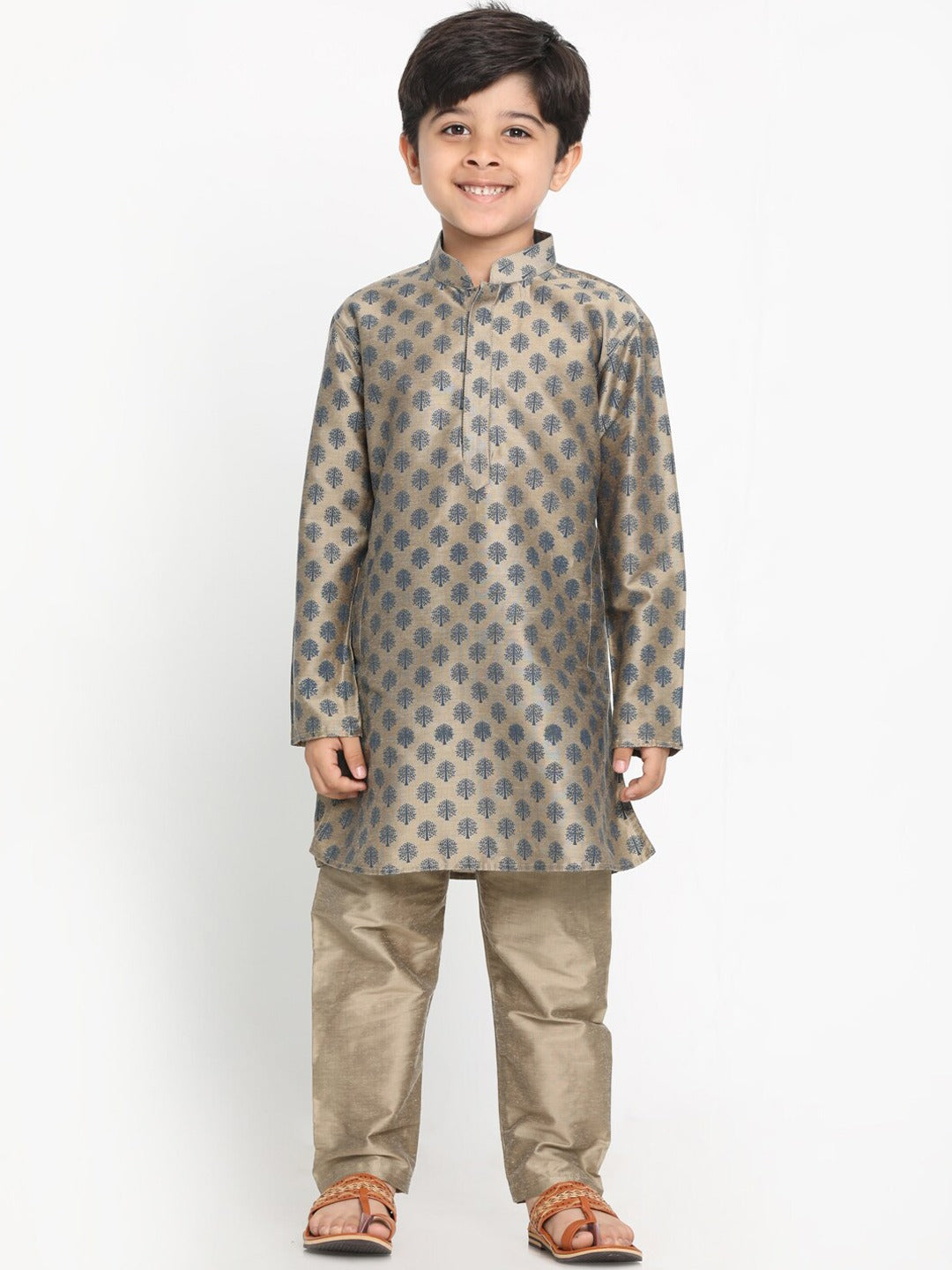 Boy's Chiku Brown Printed Kurta With Pyjama Set