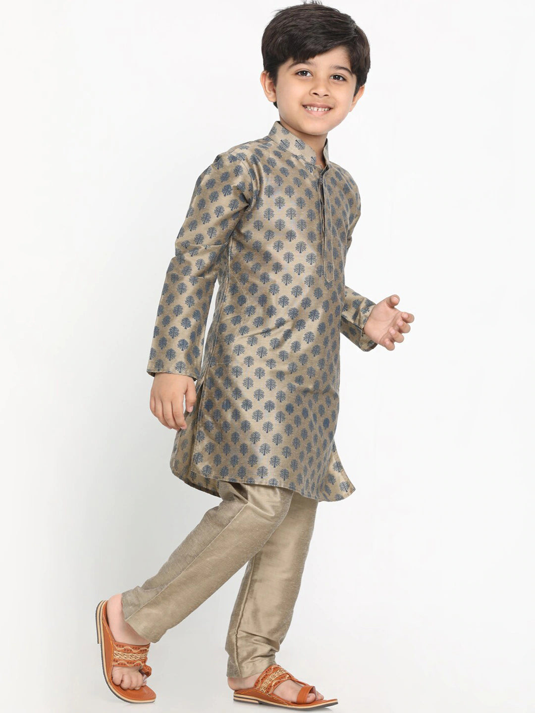 Boy's Chiku Brown Printed Kurta With Pyjama Set