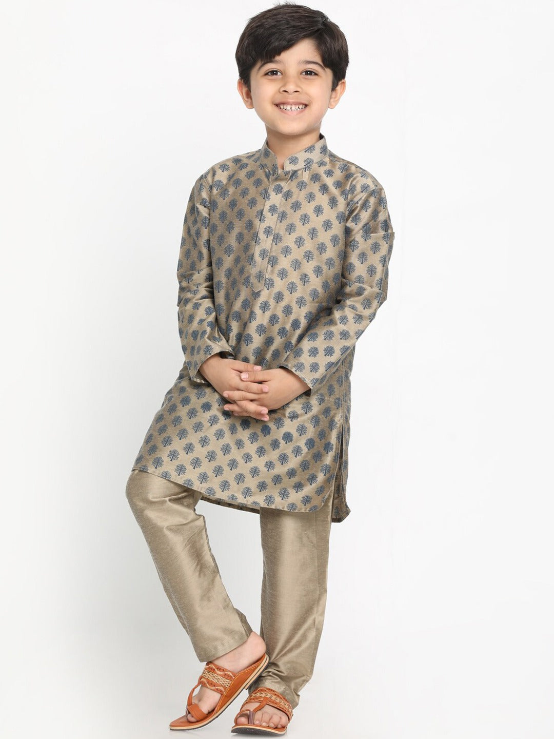 Boy's Chiku Brown Printed Kurta With Pyjama Set