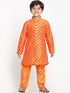 Boy's Orange Printed Design Kurta With Churidar
