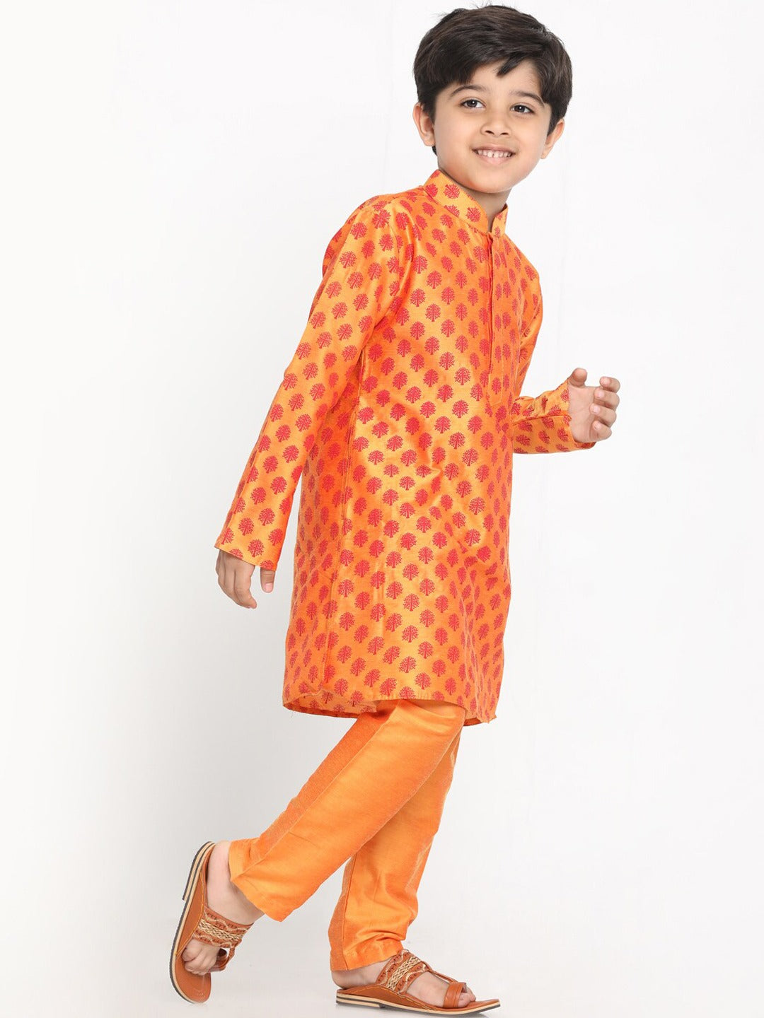 Boy's Orange Printed Design Kurta With Churidar