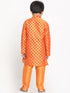 Boy's Orange Printed Design Kurta With Churidar