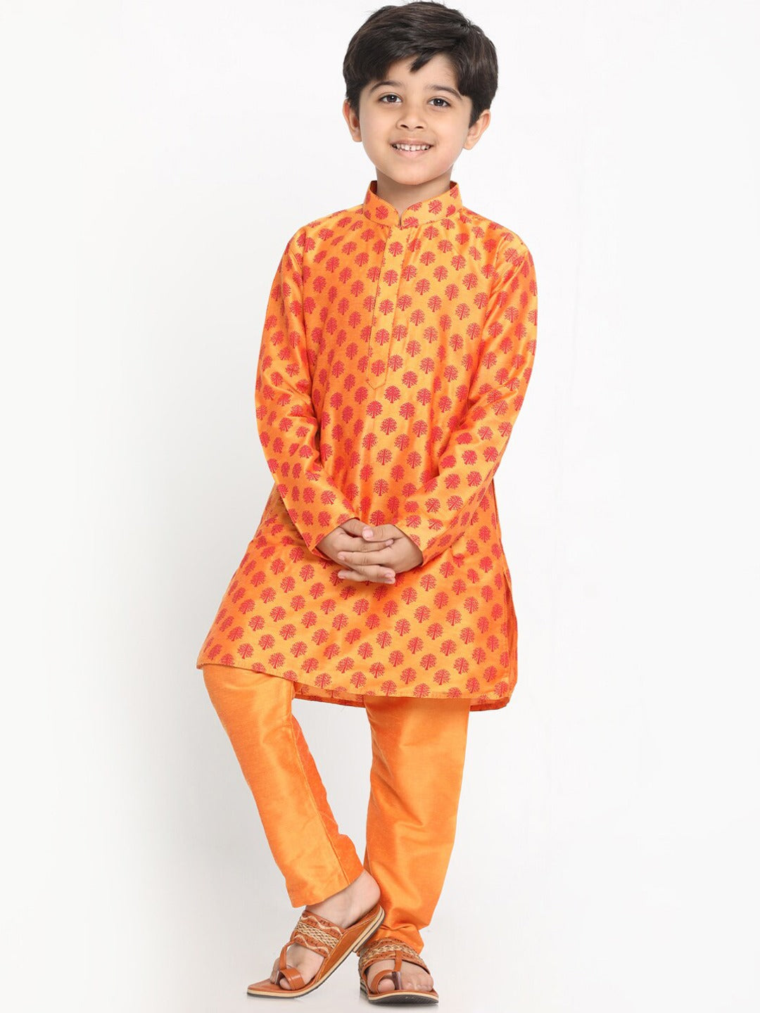 Boy's Orange Printed Design Kurta With Churidar