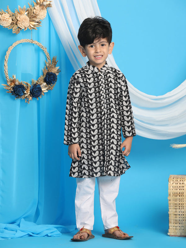 Boy's Black Chikankari Thread Work Kurta And White Pyjama Set