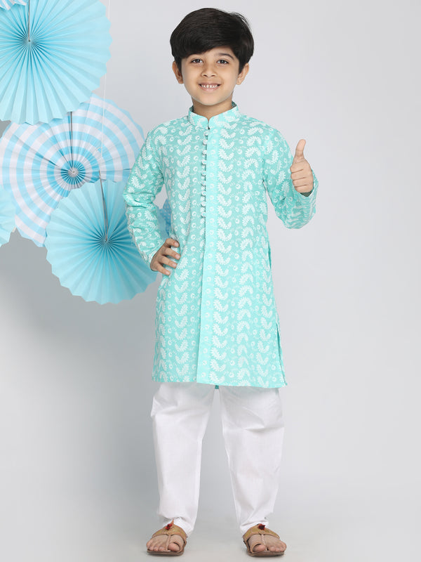 Boy's Green Chikankari Kurta With White Pyjama Set