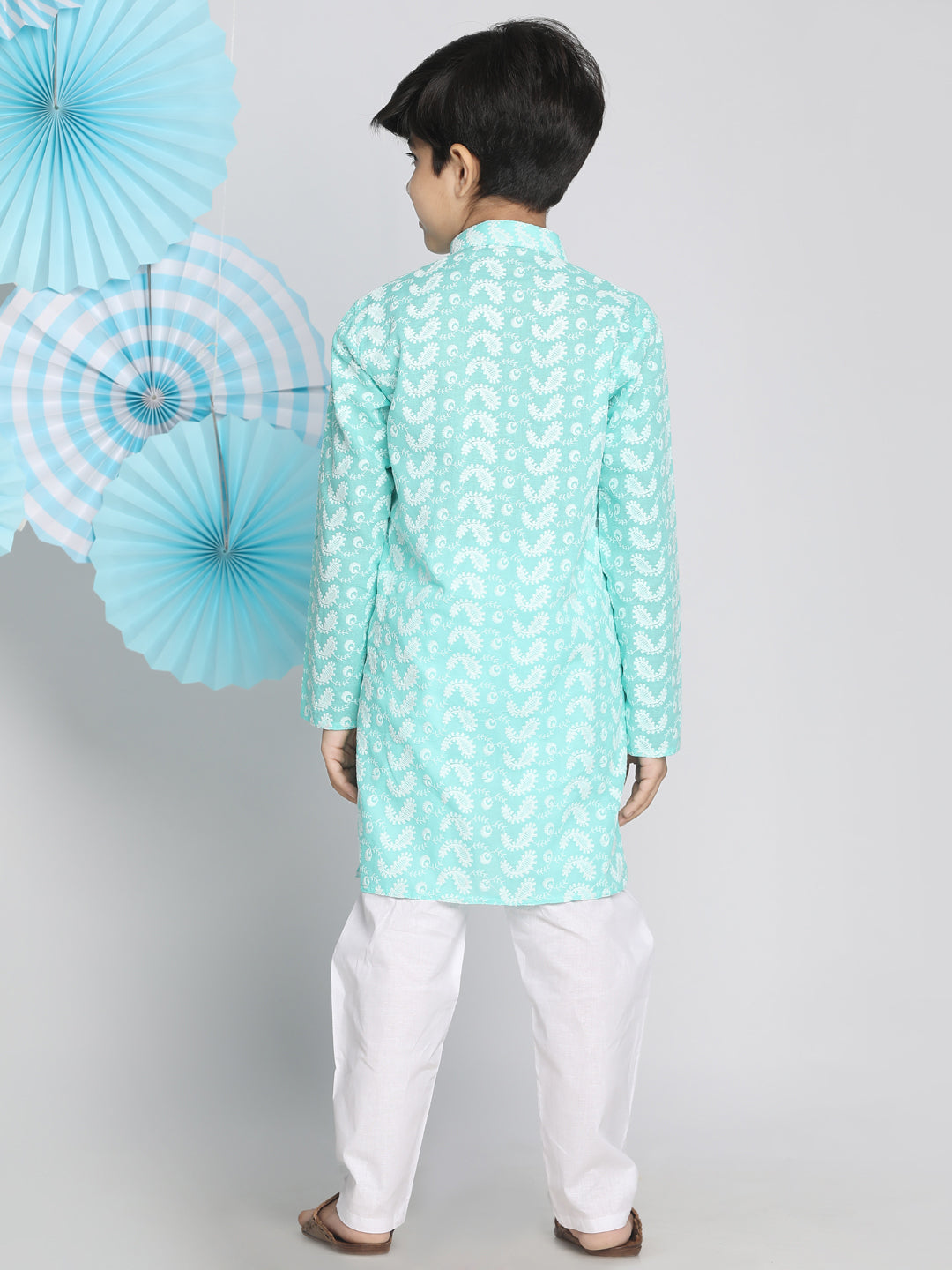 Boy's Green Chikankari Kurta With White Pyjama Set