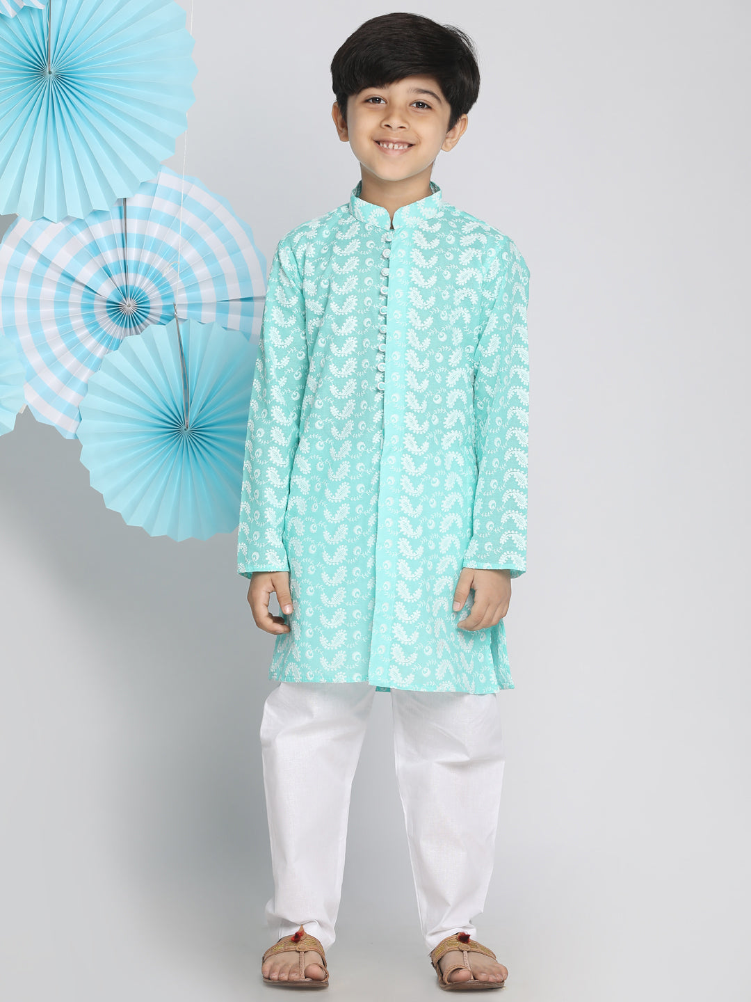Boy's Green Chikankari Kurta With White Pyjama Set