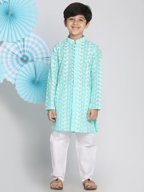 Boy's Green Chikankari Kurta With White Pyjama Set