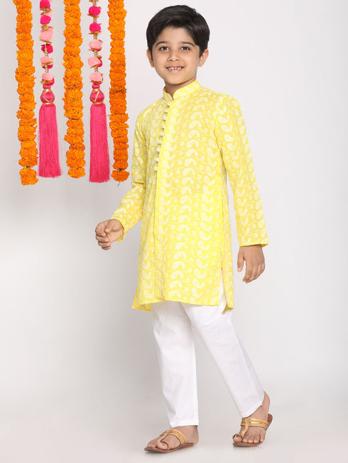 Boy's Mustard And White Kurta Pyjama Set