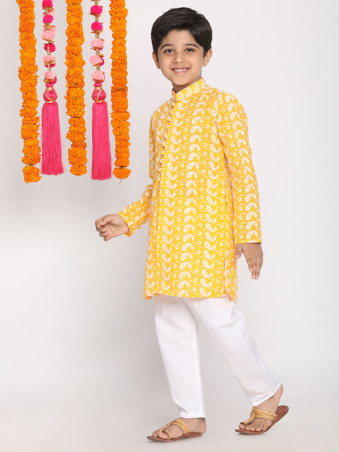Boy's Orange And White Kurta Pyjama Set