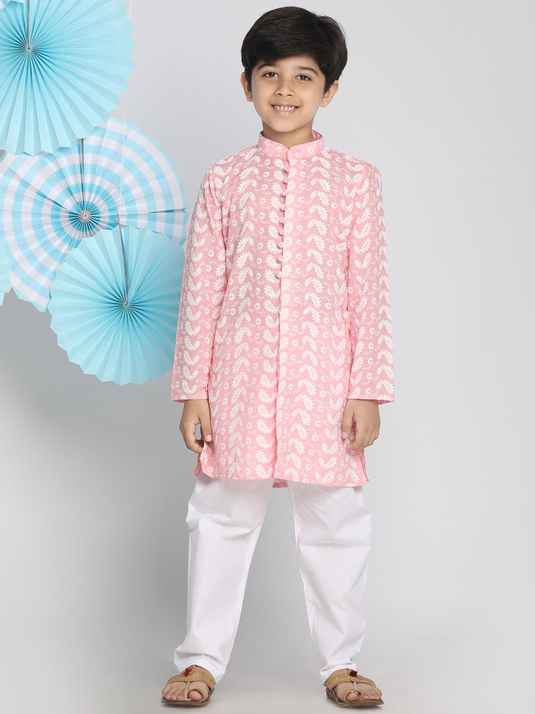 Boys Pink And White Kurta Pyjama Set