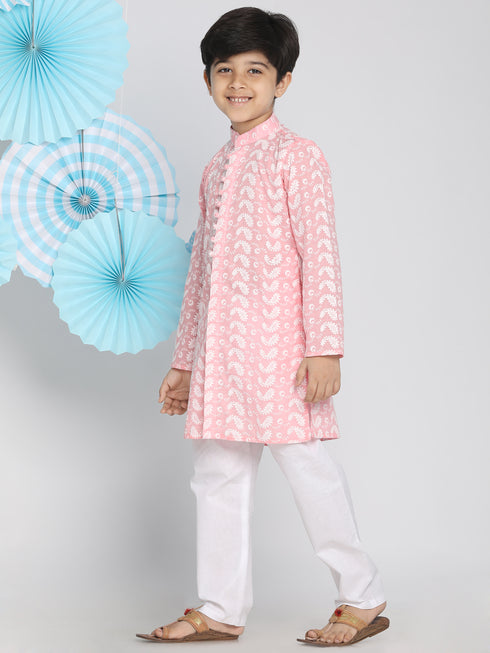 Boys Pink And White Kurta Pyjama Set