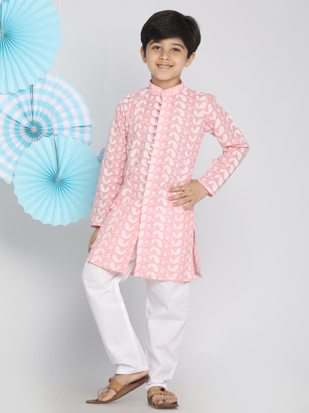 Boys Pink And White Kurta Pyjama Set