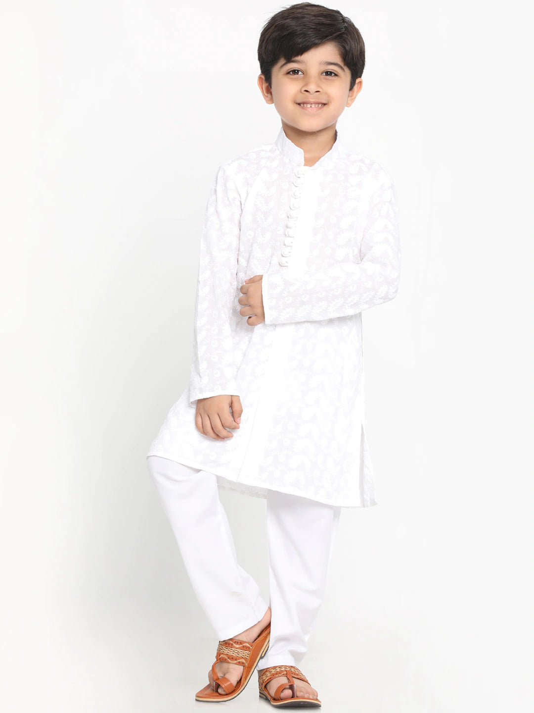 Boy's White Embroidered Kurta With Pyjama Set
